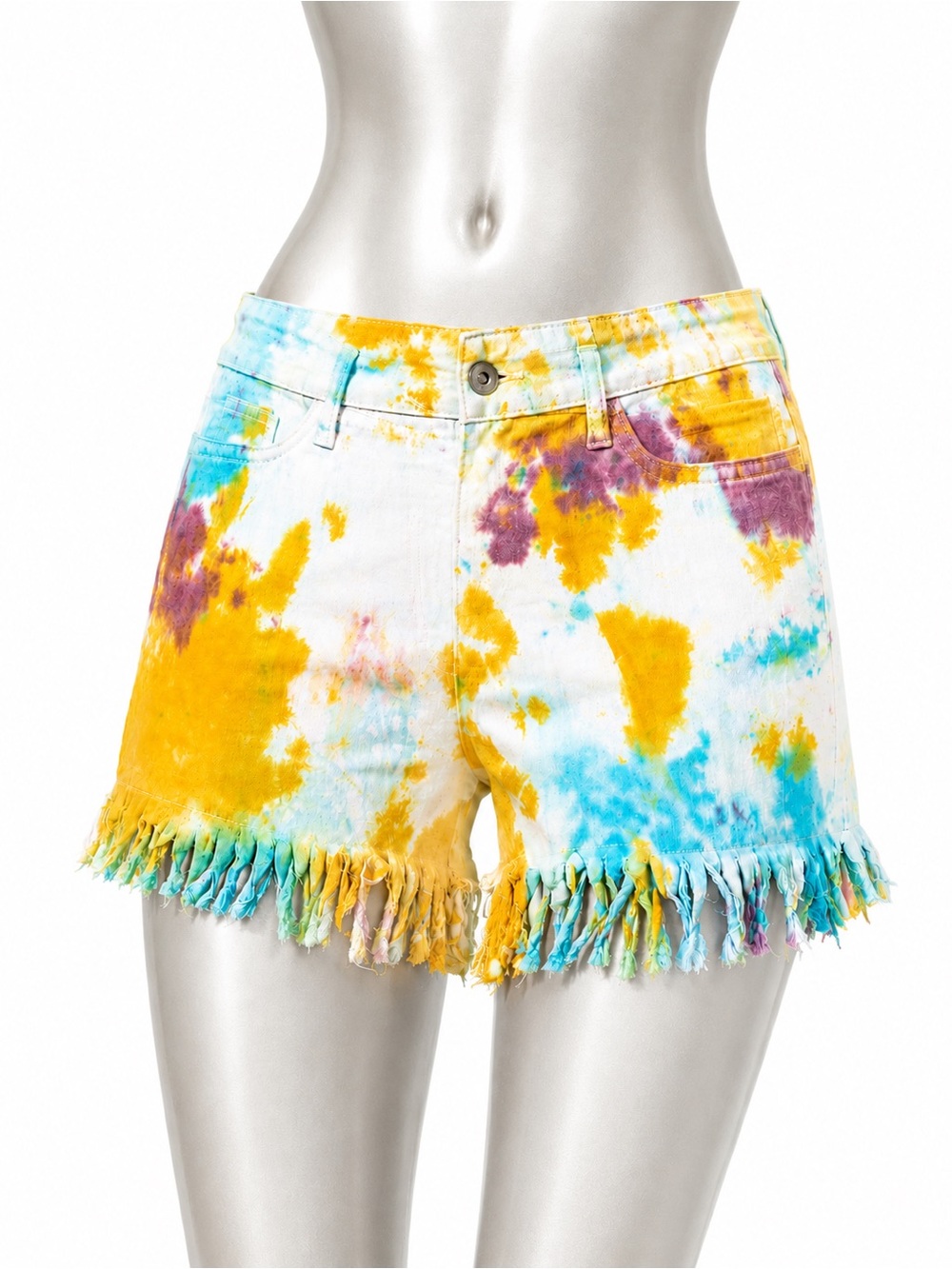 Tie-Dye Fringe Hem Women's Denim Shorts - Yellow, Blue, Purple